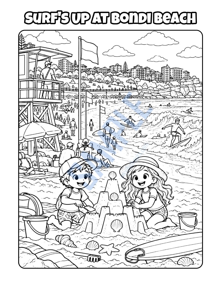 Colouring page from Welcome to Sydney: "Surf's Up at Bondi Beach"