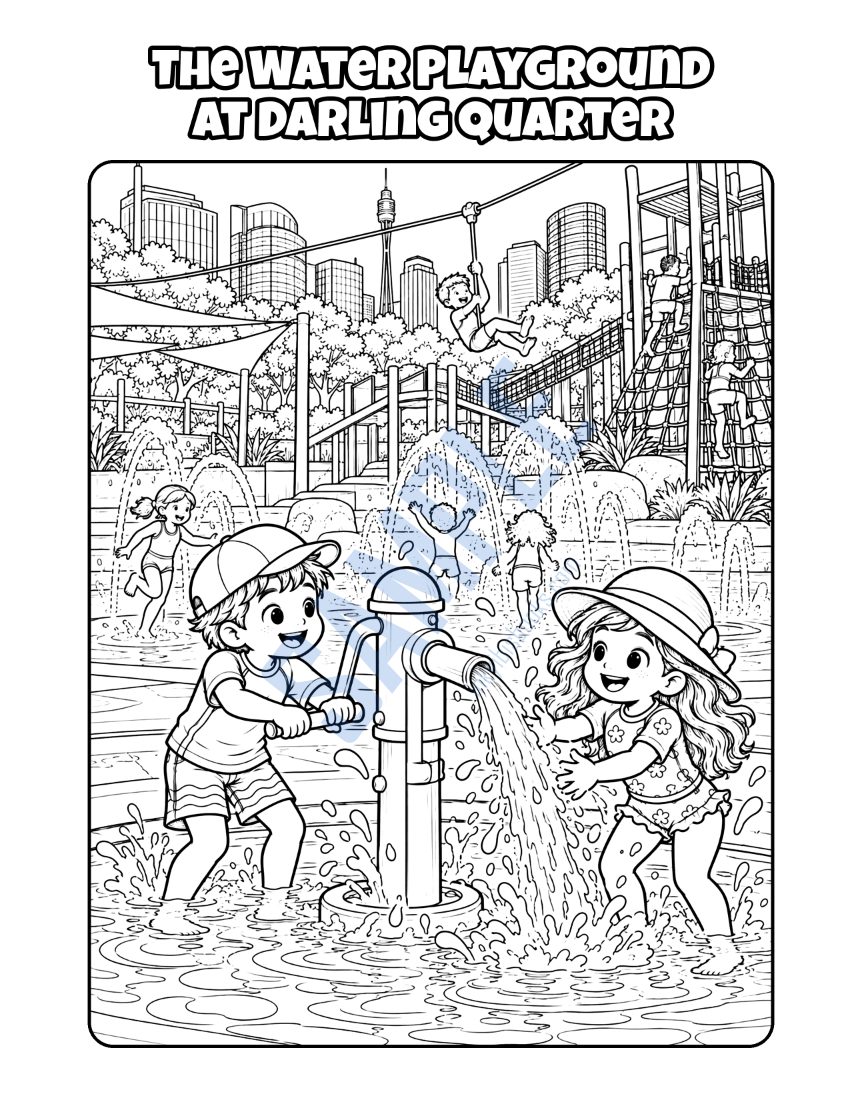 Colouring page from Welcome to Sydney: "The Water Playground at Darling Quarter"