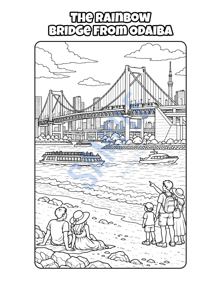 Coloring page from Welcome to Tokyo: "The Rainbow Bridge from Odaiba"