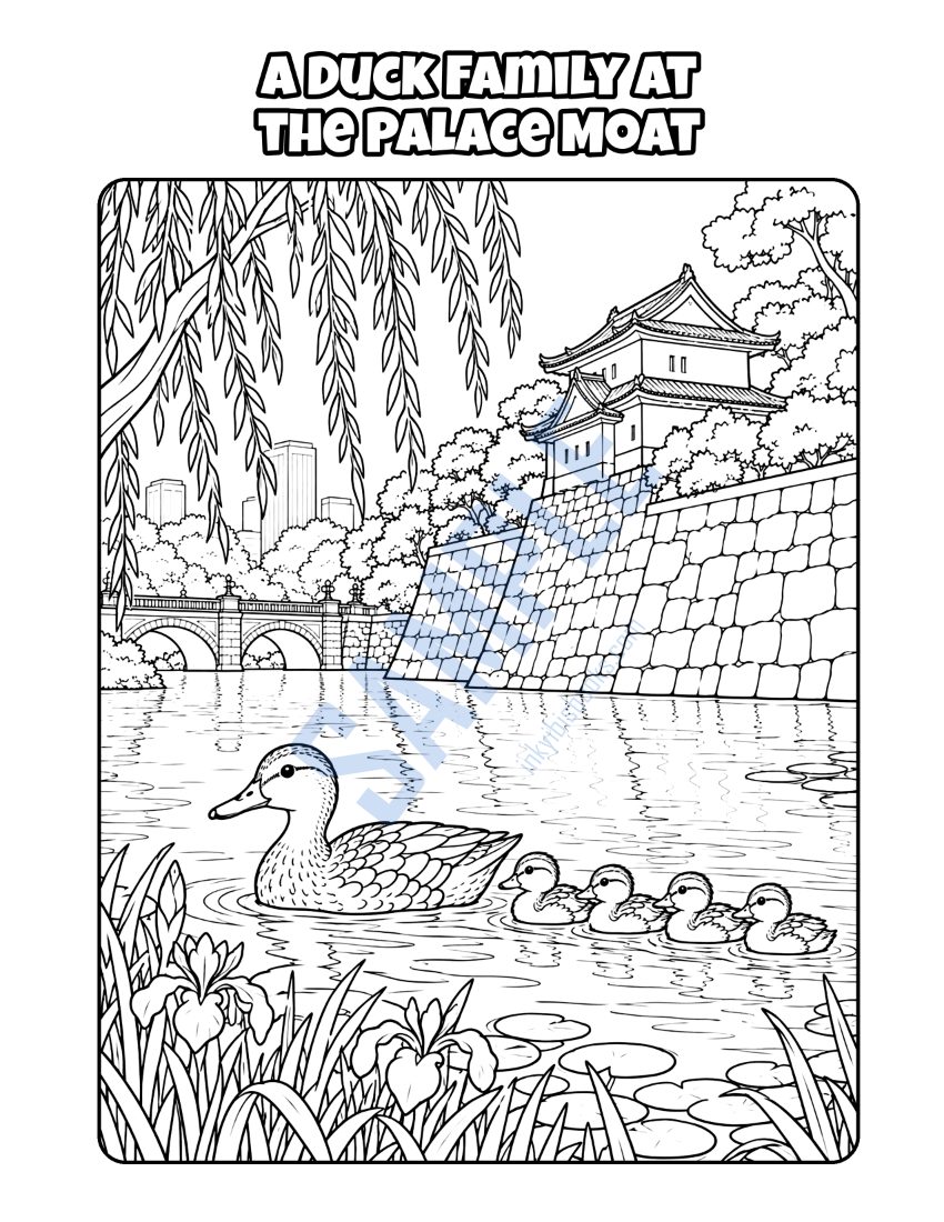 Coloring page from Welcome to Tokyo: "A Duck Family at the Palace Moat"