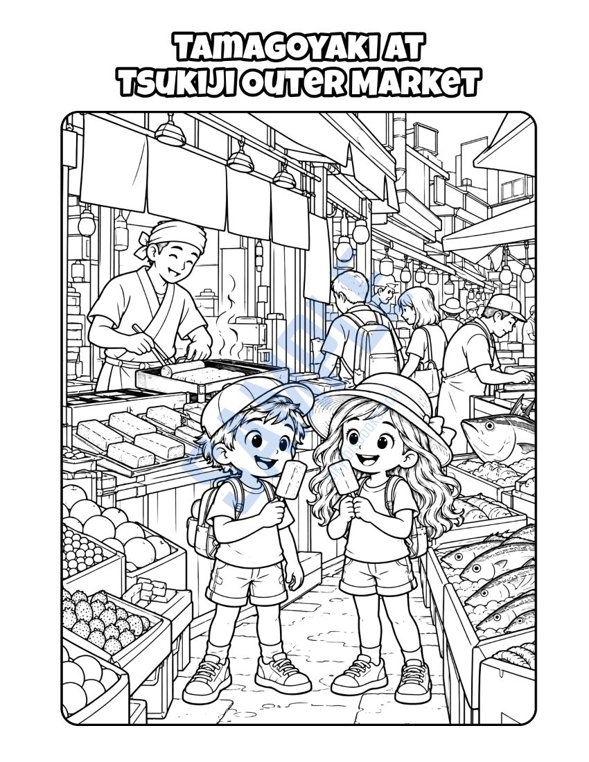 Coloring page from Welcome to Tokyo: "Tamagoyaki at Tsukiji Outer Market"