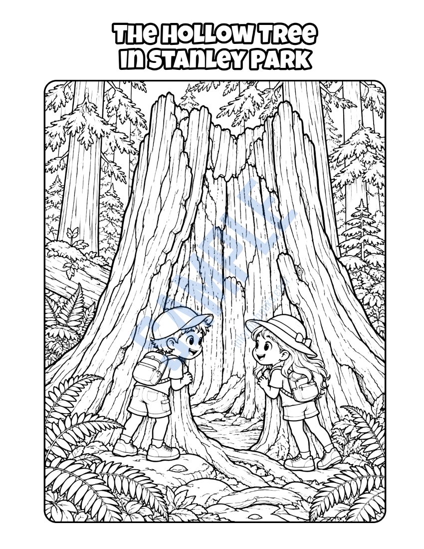 Colouring page from Welcome to Vancouver: "The Hollow Tree in Stanley Park"