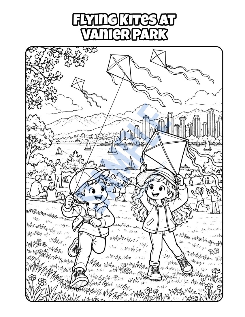 Colouring page from Welcome to Vancouver: "Flying Kites at Vanier Park"