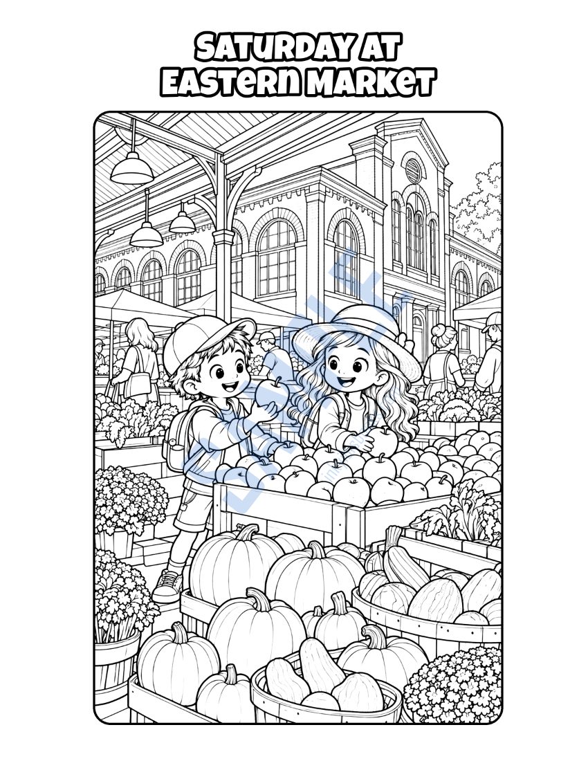 Coloring page from Welcome to Washington, D.C.: "Saturday at Eastern Market"